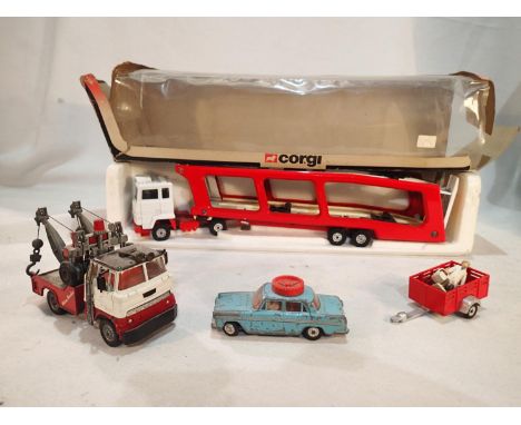 Corgi Toys 1170 car transporter, near mint, box poor, plus Holmes Wrecker, Austin A60 driving school car, and Dinky Toys trai