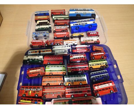 Thirty eight assorted buses, coaches and trams, various scales, types and makes, mostly good condition, unboxed. UK P&amp;P G
