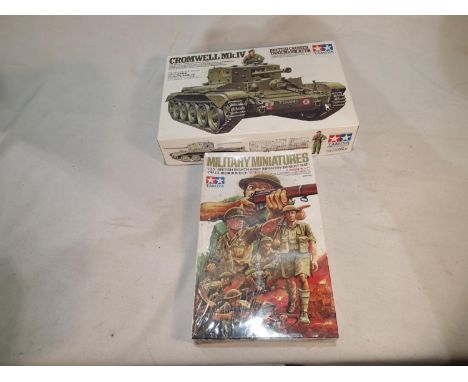 Two 1/35 scale military related Tamiya kits, Cromwell Ink IV tank and Desert Rats soldiers, appear complete, unchecked. UK P&