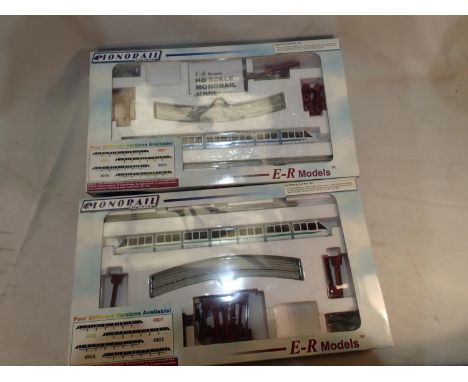 Two ER Models HO scale monorail sets, one green/white and one blue/white, with track, posts etc. UK P&amp;P Group 2 (£20+VAT 