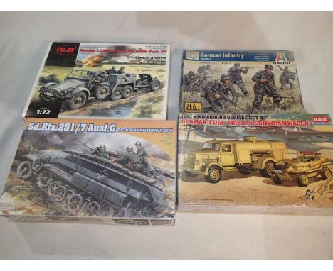 Four 1/72 scale military related kits, Krupp and Pak 36, fuel tank and Schwimmwagen, Panzer wagon, German infantry soldiers, 