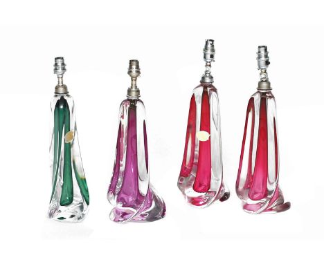 Four Val St Lambert twisted colour glass table lamps, 1960s, one light pink  Four Val St Lambert twisted colour glass table l
