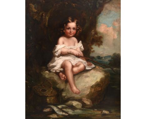 Richard Buckner (1812-1893) - Portrait of a young boy sitting on a rock fishing, with his catch by his feet, a landscape beyo