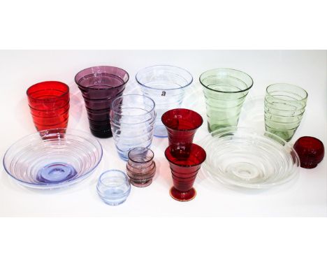 Whitefriars - A Group of Ribbon-Trailed Glass Vases and Bowls, in ruby, flint, amethyst, sea green and sapphire, various patt