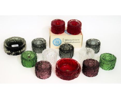 Whitefriars - Geoffrey Baxter: Eleven Textured Range Candlebases, in ruby (boxed) flint, aubergine, meadow green and pewter, 