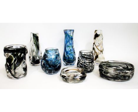 Whitefriars - William Wilson and Harry Dryer: Eight Knobbly Range Glass Lamp Bases, Vases and Bowls, in streaky marine (blue 