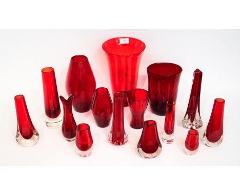 Whtefriars - A Group of Ruby Glass Vases, various patterns and sizes (15)