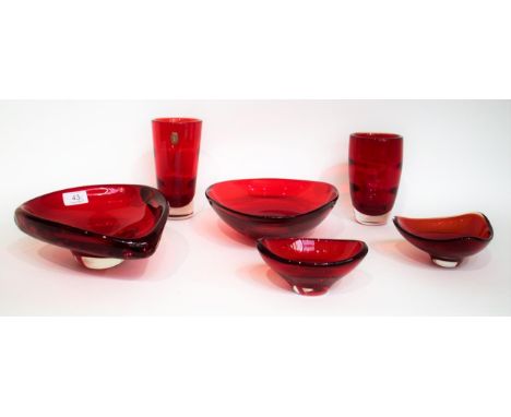 Whitefriars - Six Glass Vases and Bowls, in ruby, various patterns and sizes 