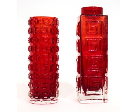 Whitefriars - Geoffrey Baxter: A Textured Range Aztec Glass Vase, in ruby, pattern 9816, 17.5cm high and Greek Key, in ruby, 