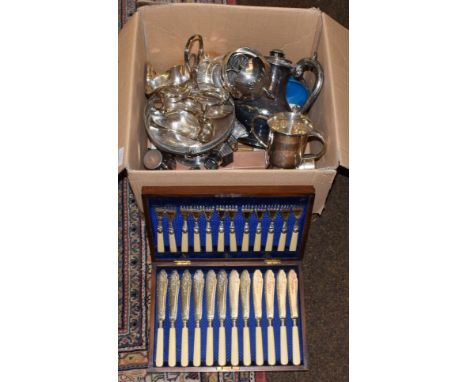 A collection of assorted silver plate, including: a baluster ewer; an egg coddler, a pair of sauce boats on stand, flatware a