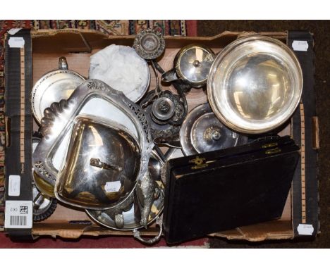 A collection of assorted silver plate, including: a two-light candelabrum; a siphon-stand; a three-piece tea-service; a hot-w