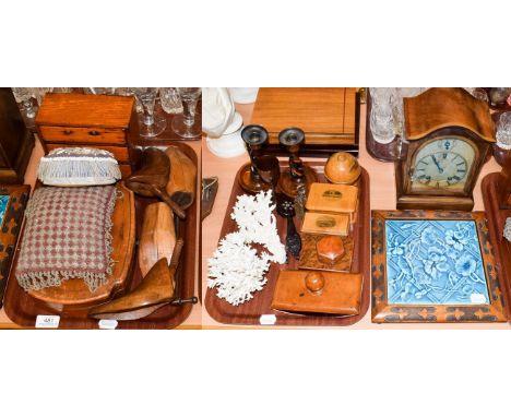 Various treen and other wooden items including miniature chest of drawers, candlesticks, shoe trees, boxes, a tortoise shell 