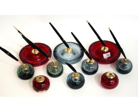 Whitefriars - Seven Parker Pen Holder Glass Bubble Paperweights, in ruby, arctic blue and ocean green, 7cm and three pen hold