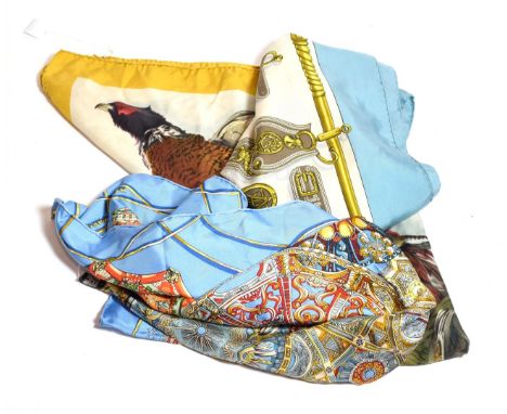 Hermes silk scarf Les Domes Celestes with a corn flower blue ground, another Harness Des Presidents with a pale blue ground a