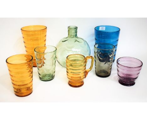 Whitefriars - A Wave Ribbed Glass Lamp Base, in sea green, pattern 8028, 21.5cm two wave ribbed tumbler vases, 15cm each and 