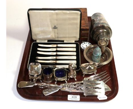 A mahogany jewellery box, silver pocket watch, silver fruit knives, silver plated fish slice and fork, condiments etc