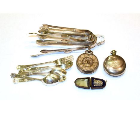 A quantity of assorted silver, including: seven pairs of George III and later silver sugar-tongs, various patterns, a set of 