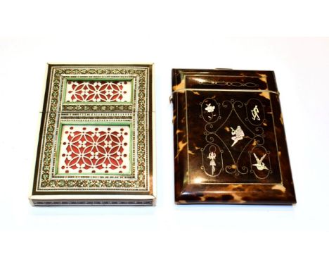Two Victorian card cases, second half 19th century, each oblong, one with stained and mother of pearl inlaid ivory sides, the