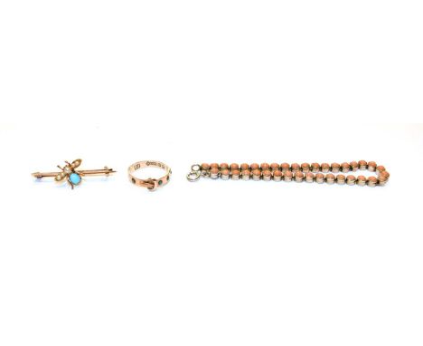 A coral bracelet, stamped '925', length 18cm, a 9 carat gold turquoise buckle ring, finger size L/12 and an insect bar brooch