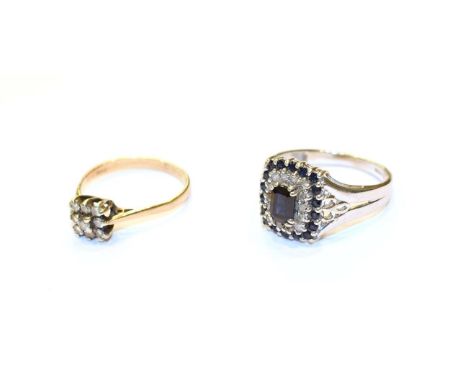 A 9 carat gold sapphire and diamond cluster ring, finger size P and a 9 carat gold diamond cluster ring, finger size M1/2.  G