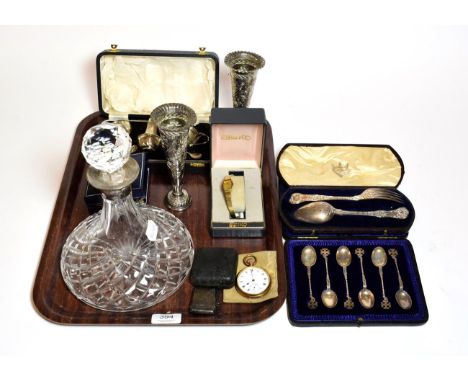 A gold plated pocket watch a lady's fob watch with case stamped '0.935', silver items including a pair of spill vases, a case