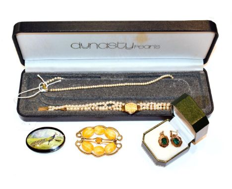 A small collection of jewellery including a cultured pearl bracelet with a 9 carat gold clasp, length 18.5cm, a cultured pear