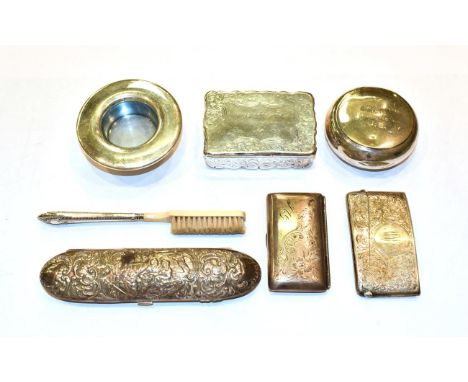 Collection of silver, including: a Victorian silver snuff-box, oblong and engraved with foliage, a circular snuff-box, a spec