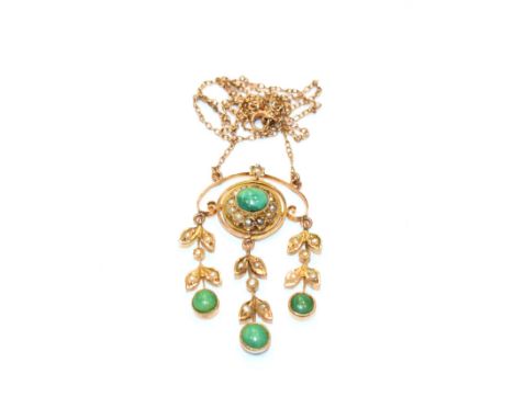 A turquoise and seed pearl necklace, stamped '9CT', length 40.5cm .  Gross weight 4.0 grams. 