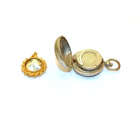 A 22 carat gold band ring, a Georgian shield back coin with applied suspension loop, gilt metal fob compass and a nickel plat