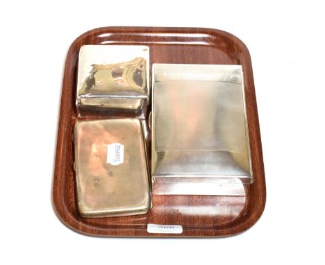 Two silver cigarette-boxes, each wood lined, one with engine-turned decoration, 17cm wide and smaller together with a silver 