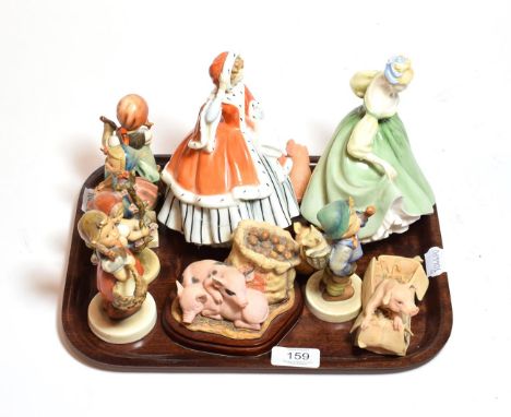 Royal Doulton figures 'Fair Lady' and 'Noelle', five Hummel figures, Border Fine Arts pig model 'Contented' and two other pig