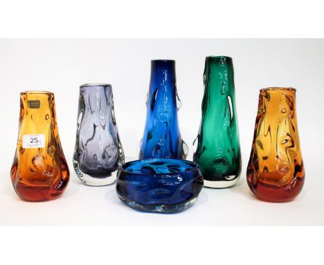 Whitefriars - William Wilson and Harry Dryer: Six Knobbly Range Glass Lamp Bases, Vases and Bowl, in green, blue, amber, lila