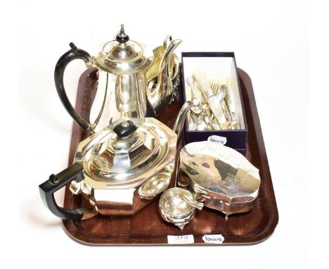A collection of silver and silver plate, the silver comprising: an oval jewellery box, oval, the hinged cover engraved with f