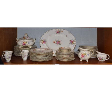 A Royal Crown Derby posies pattern, part dinner and tea service comprising two oval platters, tureen and cover, twelve large 