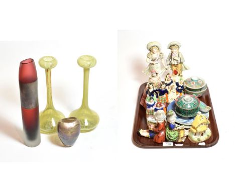A pair of 20th century green glass vases, 30cm high, two other glass vases, various figure groups including Staffordshire, ce