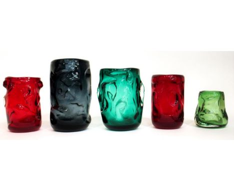 Whitefriars - William Wilson and Harry Dryer: Five Knobbly Range Glass Vases, in meadow green, ruby, dark green and indigo, p