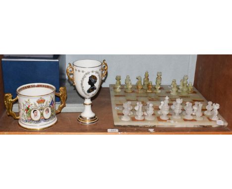 A modern chess set, a paragon twin handled mug to celebrate the marriage of Price Charles and Diana (boxed), a Spode collecto