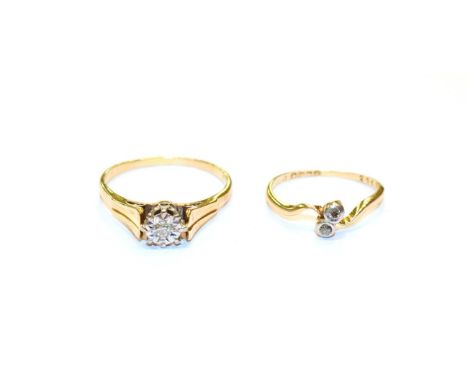 An 18 carat gold diamond solitaire ring, finger size T and an 18 carat gold diamond two stone twist ring, finger size L.  Gro