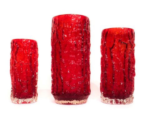 Whitefriars - Geoffrey Baxter: A Trio of Textured Range Cylindrical Bark Glass Vases, in ruby, pattern 9690/9691/9734, 19cm 2