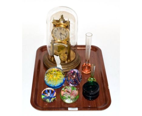 A 20th century anniversary clock under dome, four glass paper weights, etc (9)