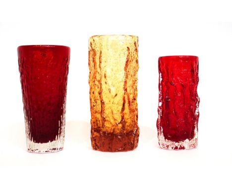 Whitefriars - Geoffrey Baxter: Three Textured Range Glass Vases, in ruby and golden amber, pattern 9690 and 9830, 15.5cm 17.5