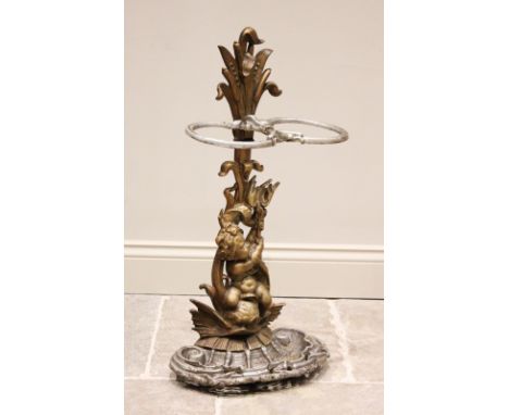 A Victorian painted cast iron stick stand, the upright cast as a cherub within bullrushes extending to twin stick compartment