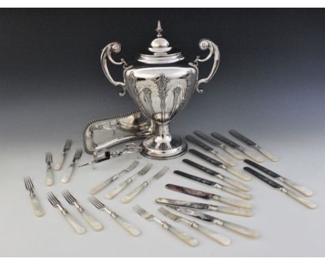 A 19th century EPBM samovar by James Dixon &amp; Sons, of tapering form on circular foot with strapwork decoration, twin scro