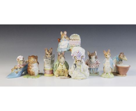 Nine Beswick Beatrix Potter mouse figures, comprising: Timmy Willie From Johnny Town-Mouse, model No. 1109, 7.5cm high, Mrs T