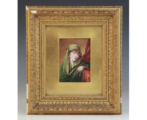 English school (19th century),A portrait miniature depicting a young lady wearing green silk with a jewelled headdress,Waterc