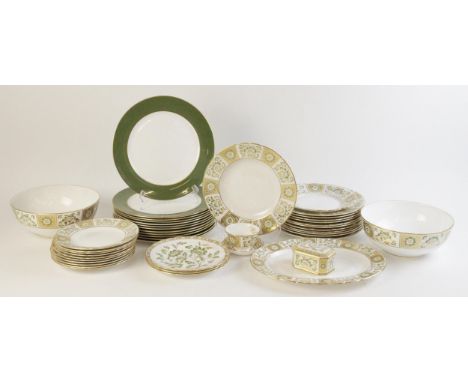 A Royal Crown Derby "Derby Green Panel" pattern part dinner service, comprising: two serving bowls, 24cm diameter (one second