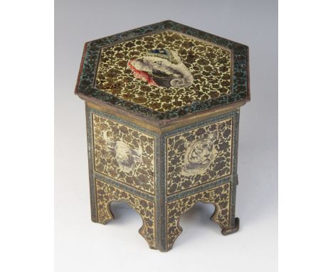 A Huntley &amp; Palmer novelty biscuit tin, early 20th century, modelled as an Indian occasional table, each panel depicting 