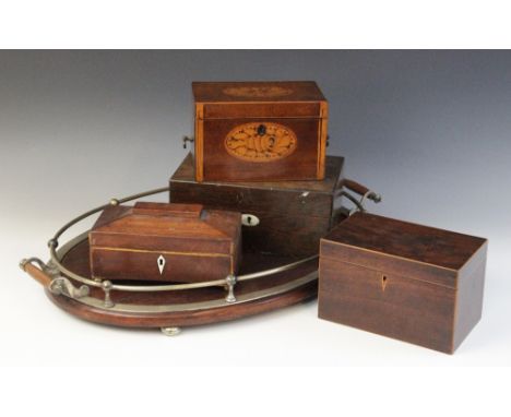 A George III century mahogany and satinwood inlaid box, of rectangular form with twin handles, the cover opening to reveal a 