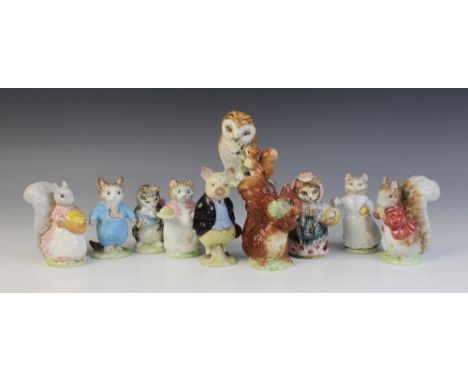 Ten Beatrix Potter figures, comprising: Tom Kitten (first version: small size; first variation: deep blue outfit), model No. 