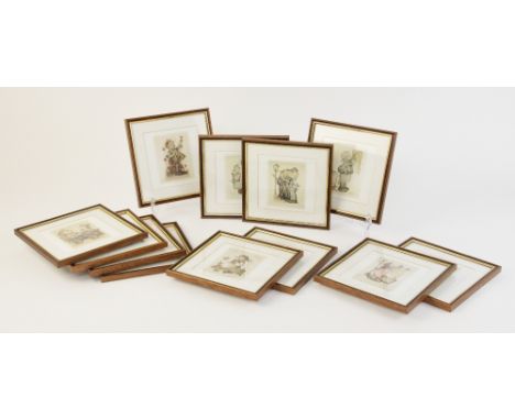 Twelve limited edition Hummel hand coloured etchings on paper, each 12cm x 12cm, framed and glazed, with a Hummel music box, 